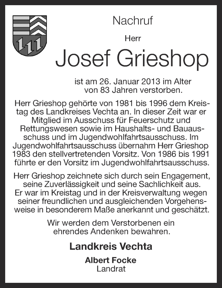  Traueranzeige für Josef Grieshop vom 31.01.2013 aus OM-Medien